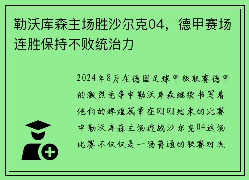 勒沃库森主场胜沙尔克04，德甲赛场连胜保持不败统治力