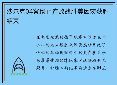 沙尔克04客场止连败战胜美因茨获胜结束