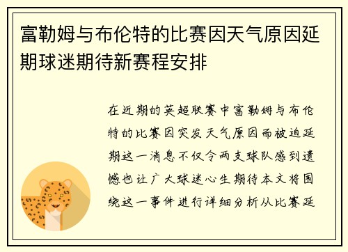 富勒姆与布伦特的比赛因天气原因延期球迷期待新赛程安排